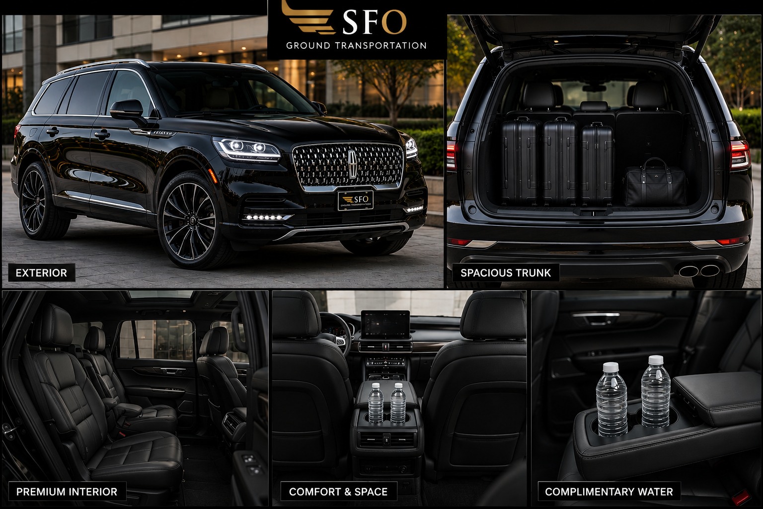 Black interior Lincoln Aviator for executive airport transportation