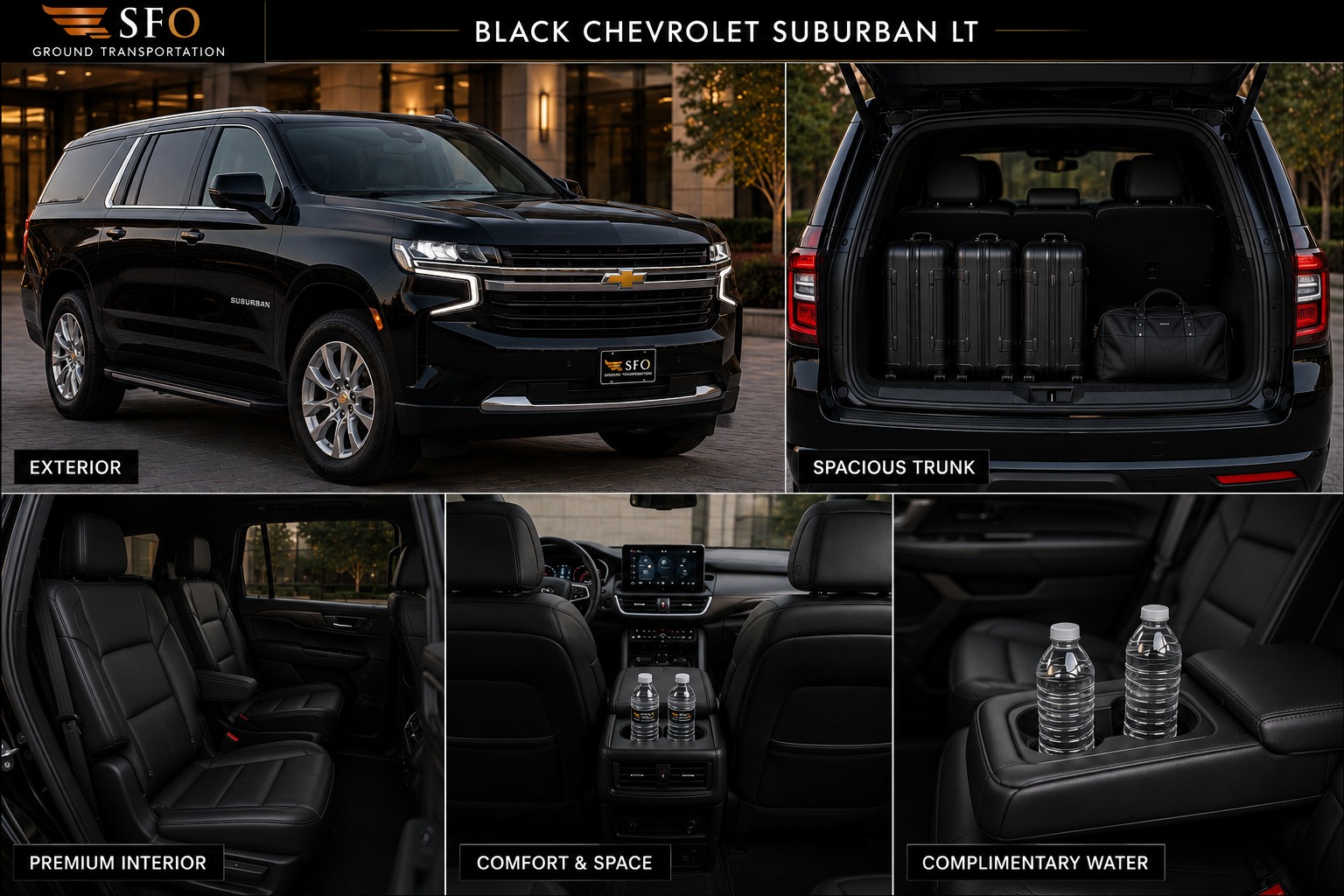 Black interior Chevrolet Suburban LT for executive airport transportation