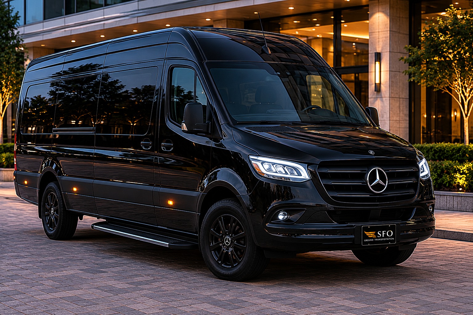 Black Mercedes Sprinter passenger van for executive group transportation